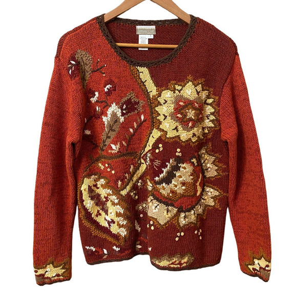 Coldwater Creek Sweaters - Vintage Coldwater Creek Fall Autumn Leaves Chunky Knit Sweater Women's Sz L